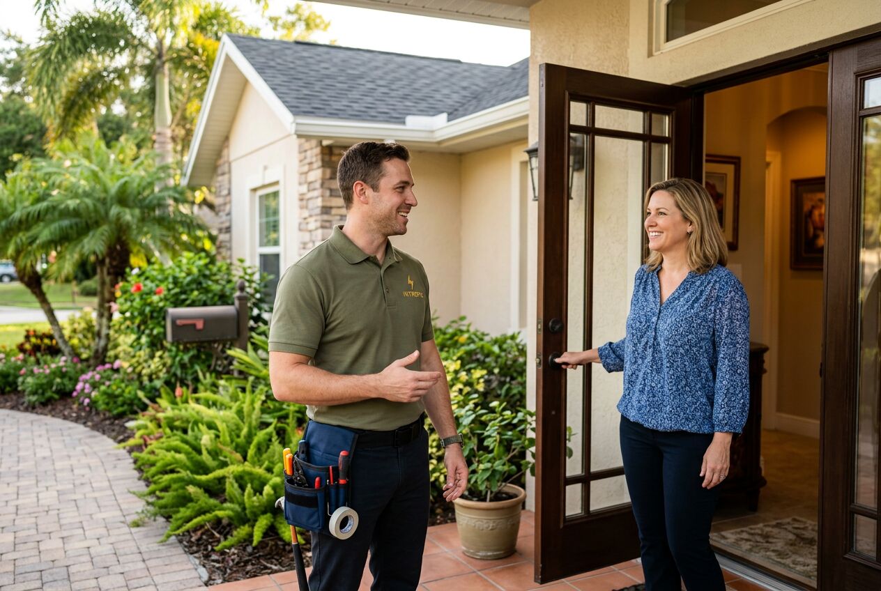 Homeowner with an electrician at their home — illustrative photo, not a photo of Intrepid Service's customers